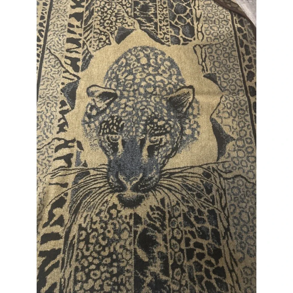Vtg San Marcos Leopard Blanket Brown Tan Reversible 76x50 Animal Print Fleece
